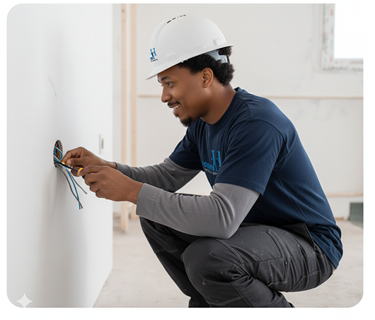 Raymond, fondateur de H Tension Électricité, installant une prise murale à Issy-les-Moulineaux