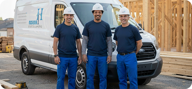 Raymond et l’équipe de H Tension Électricité devant leur véhicule d’intervention à Issy-les-Moulineaux