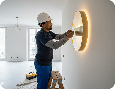 Raymond, fondateur de H Tension Électricité, installant un luminaire mural dans un appartement à Issy-les-Moulineaux
